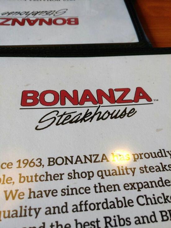 Menu at Bonanza steakhouse, Hazleton