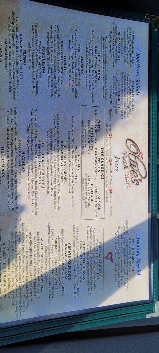 Menu at Olive’s Fresh Pizza Bar Edina, Edina