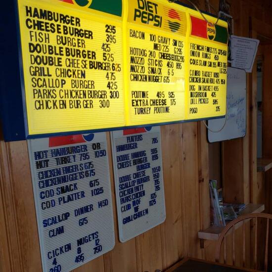 Menu at Parks' Dairy Bar, Miramichi