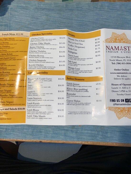 Menu At Namaste Indian Cuisine Restaurant North Miami