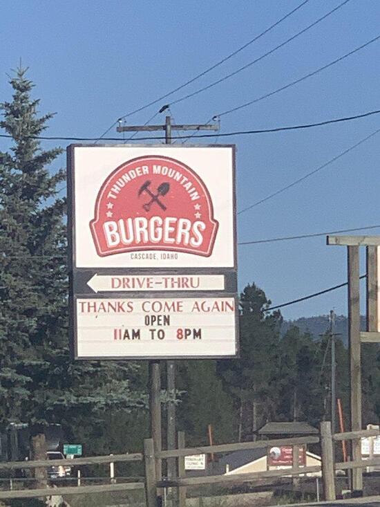 Menu at Thunder Mountain Burgers restaurant, Cascade