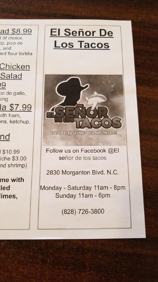Menu at El Señor De Los Tacos restaurant, Lenoir