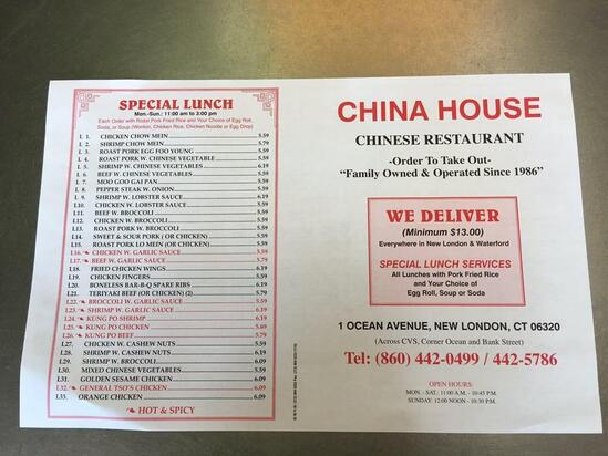 China House（New London）, 1 Ocean Ave in New London - Restaurant menu ...