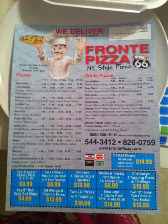 Frontes Pizza in City Restaurant menu and reviews