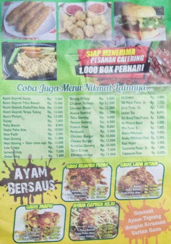 Menu at Ayam Geprek Sai Andong restaurant, Kacangan