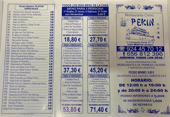 Carta De Restaurante Chino Pekin Montijo