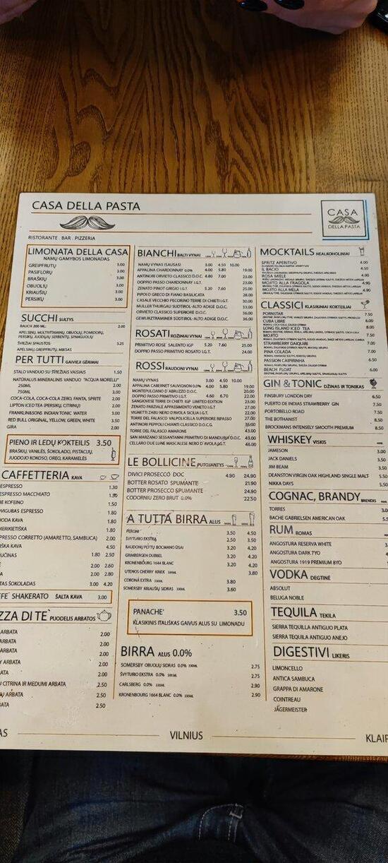 Menu at Casa Della Pasta restaurant, Vilnius, Ozo g. 25