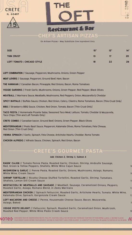 Menu at The Loft restaurant, Crete