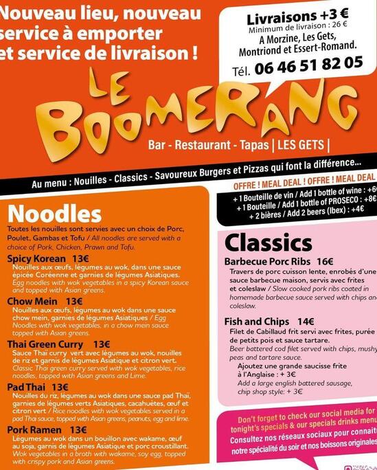 Menu at Le Boomerang pub & bar, Les Gets, 563 Rue du Ctre