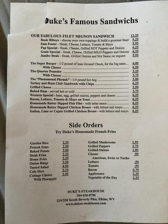 Menu at Duke's Steakhouse, Elkins, 948 Beverly Pike