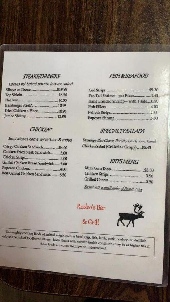 Menu at Rodeo Bar & Grill, Coleridge