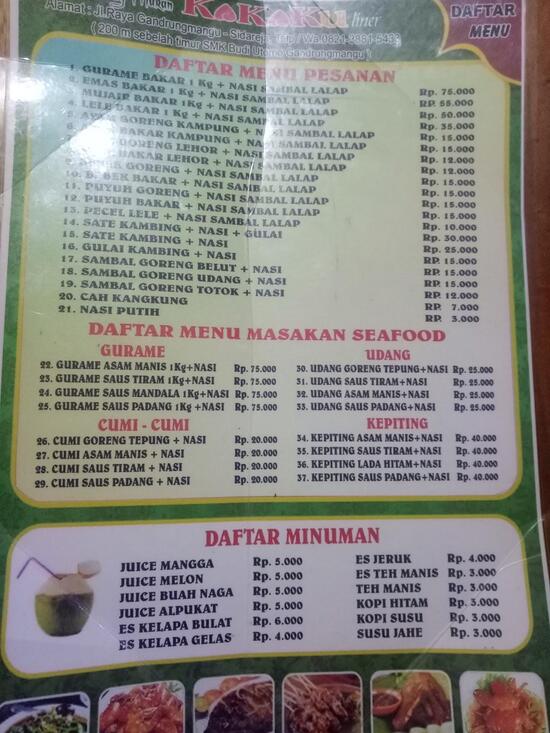 Menu at Kaka Kuliner restaurant, Gandrungmanis