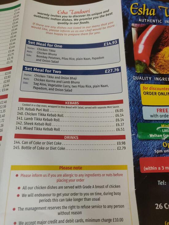 Menu at Esha Tandoori restaurant, Potters Bar