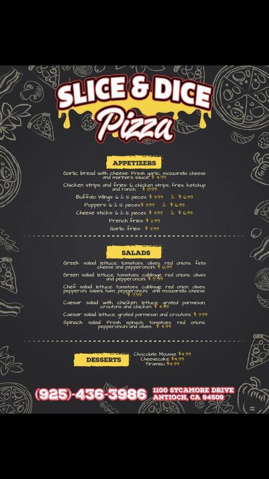 Carta de pizzería Slice and Dice Pizza, Antioch