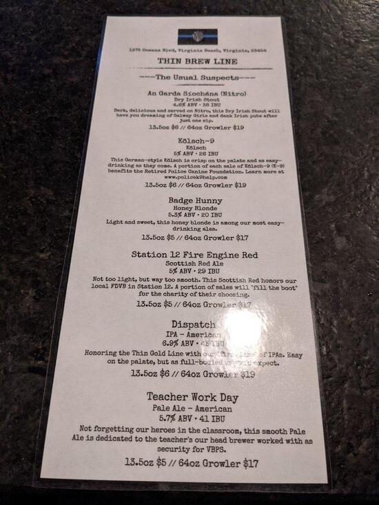 Menu at Thin Brew Line Brewing Company pub & bar, Virginia Beach