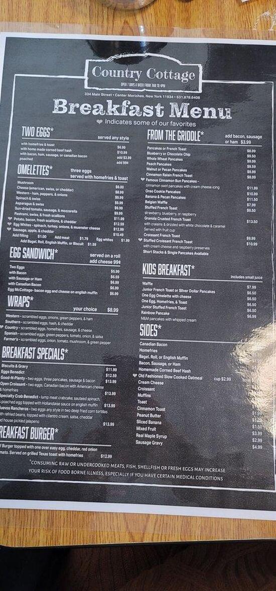 Menu at Country Cottage Diner cafe, Center Moriches