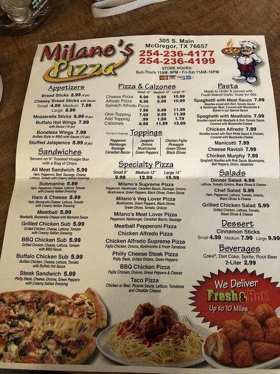 Menu at Milano's Pizza Mcgregor pizzeria, McGregor