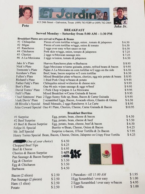 Menu at El Jardin Mexican Cafe, Galveston