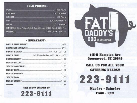 Menu at Fat Daddy's BBQ, Greenwood, 115 Hampton Ave