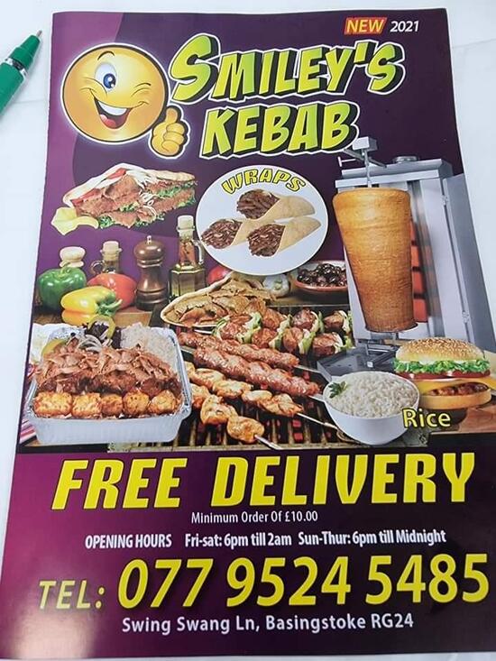 Menu at Smiley's Kebab fast food, Basingstoke