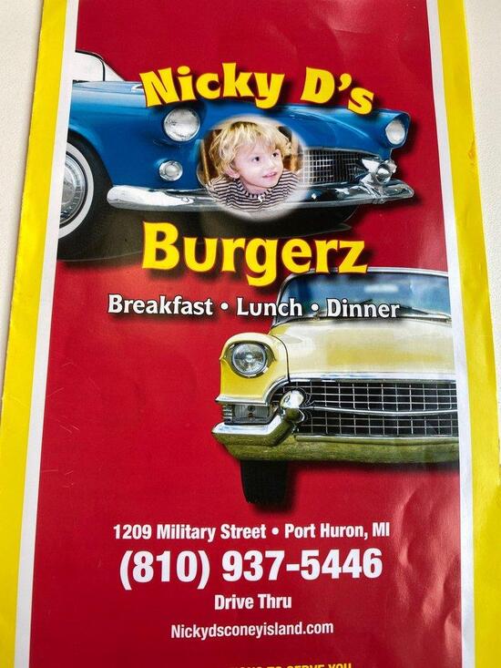 Menu at Nicky D's Burgerz restaurant, Port Huron
