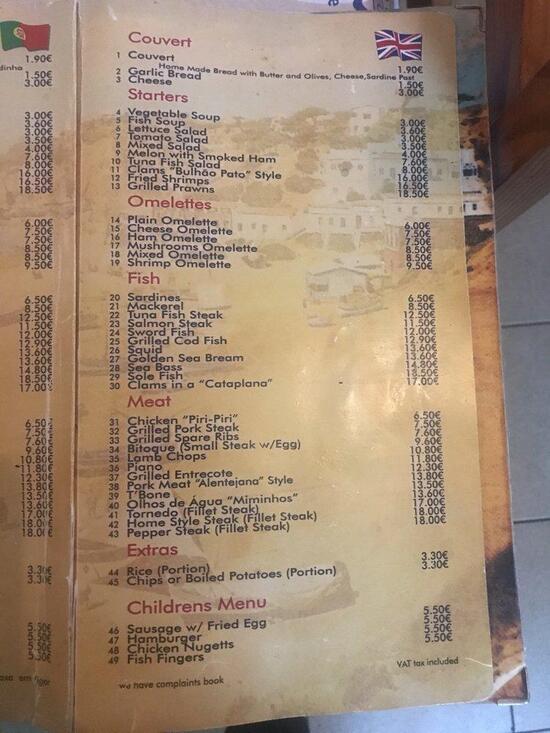Menu at Olhos d'Água restaurant, Olhos de Água