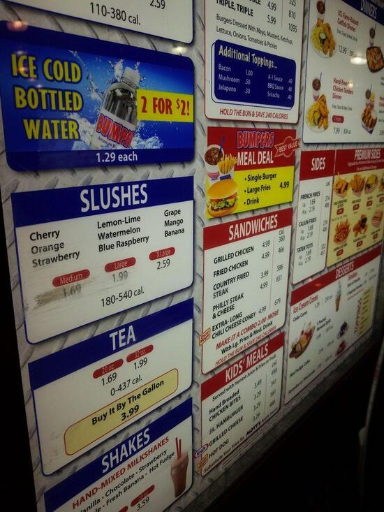 Menu at Bumpers Drive-In of America fast food, Yazoo City