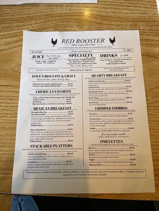 Menu at Red Rooster Restaurant, Longmont