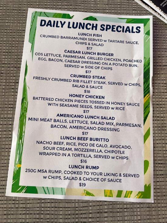 Menu at The Club Hotel, Bundaberg Central