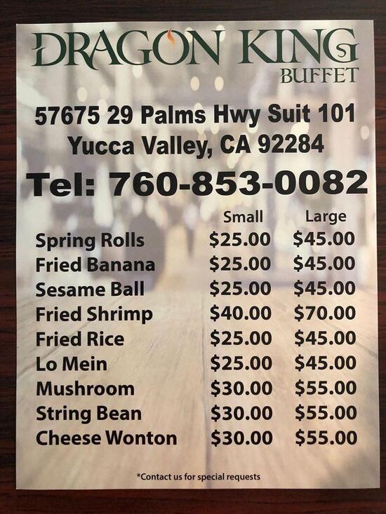 Menu at Dragon King Buffet restaurant, Yucca Valley