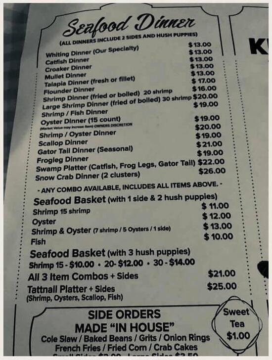 Menu at Kirkland's Seafood Market restaurant, Glennville
