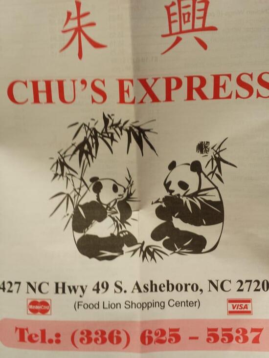 Menu at Chu's Express restaurant, Asheboro