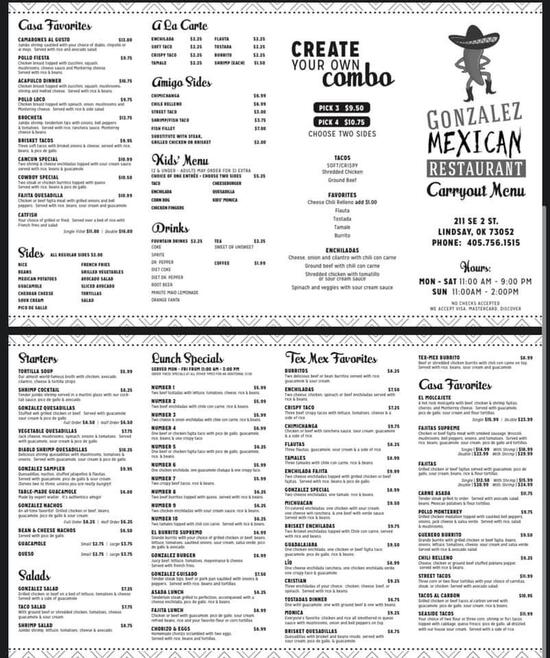 Menu at Gonzalez Mexican restaurant, Lindsay