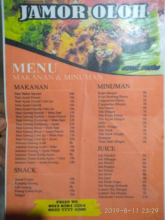 Menu at Jamor Oloh Coffee & Resto cafe, Simpang Tiga Redelong